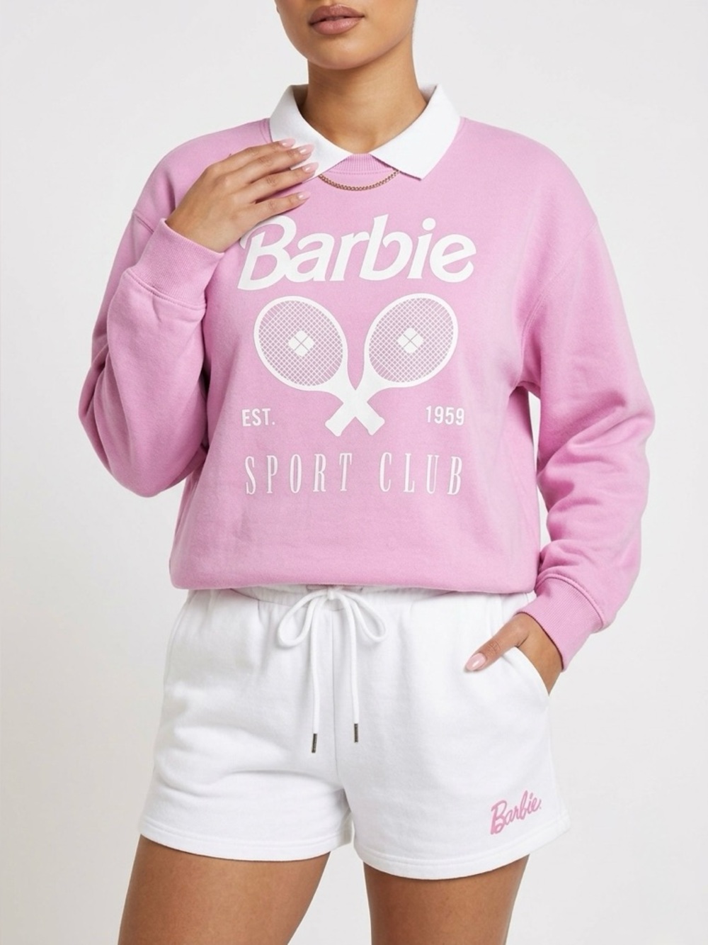 Barbie Pink and White Crew Neck with Collar Sweater long sleeves size Large